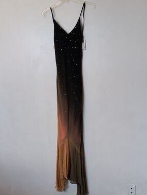 Vintage Beaded Ombre Spaghetti-Strap Maxi Dress in Black and Tan 606